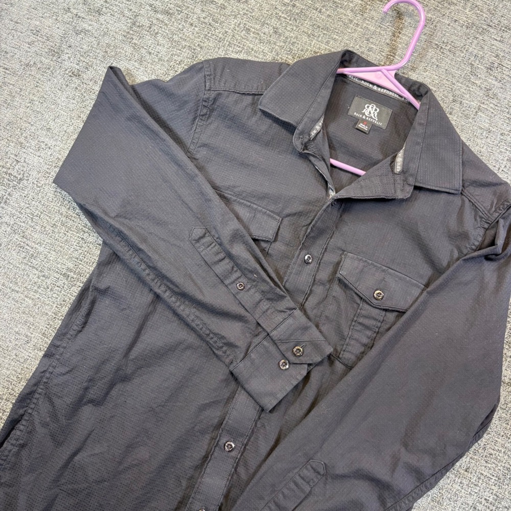 Rock & Republic Button Down Shirt Mens Small Black Textured Long Sleeve 1424
